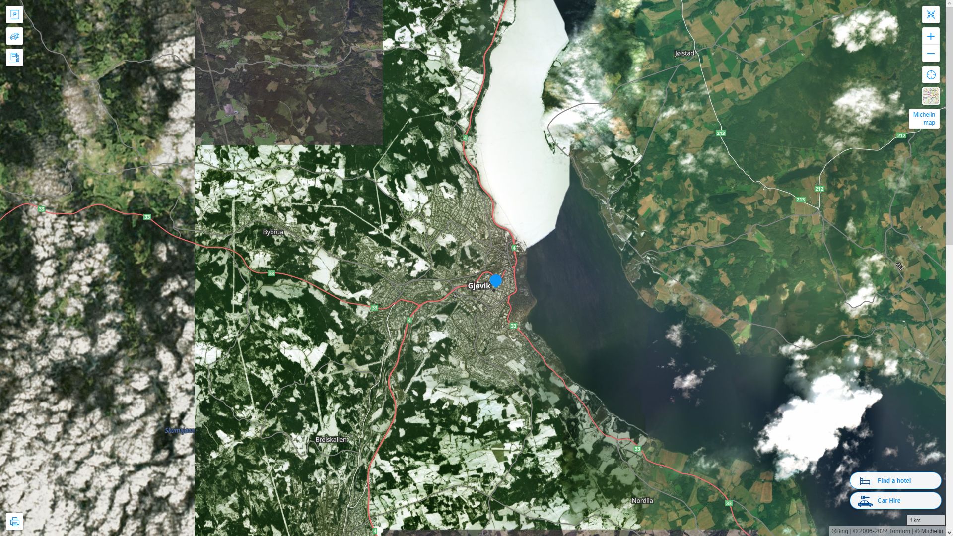 Gjovik Norvege Autoroute et carte routiere avec vue satellite
